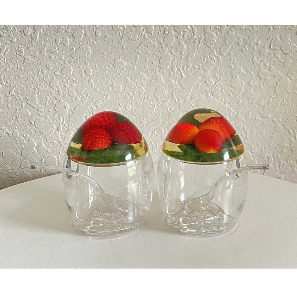 Vintage Lucite Condiment Jars by Stokes Perspex w/Fruit Enclosed Lids & Spoons